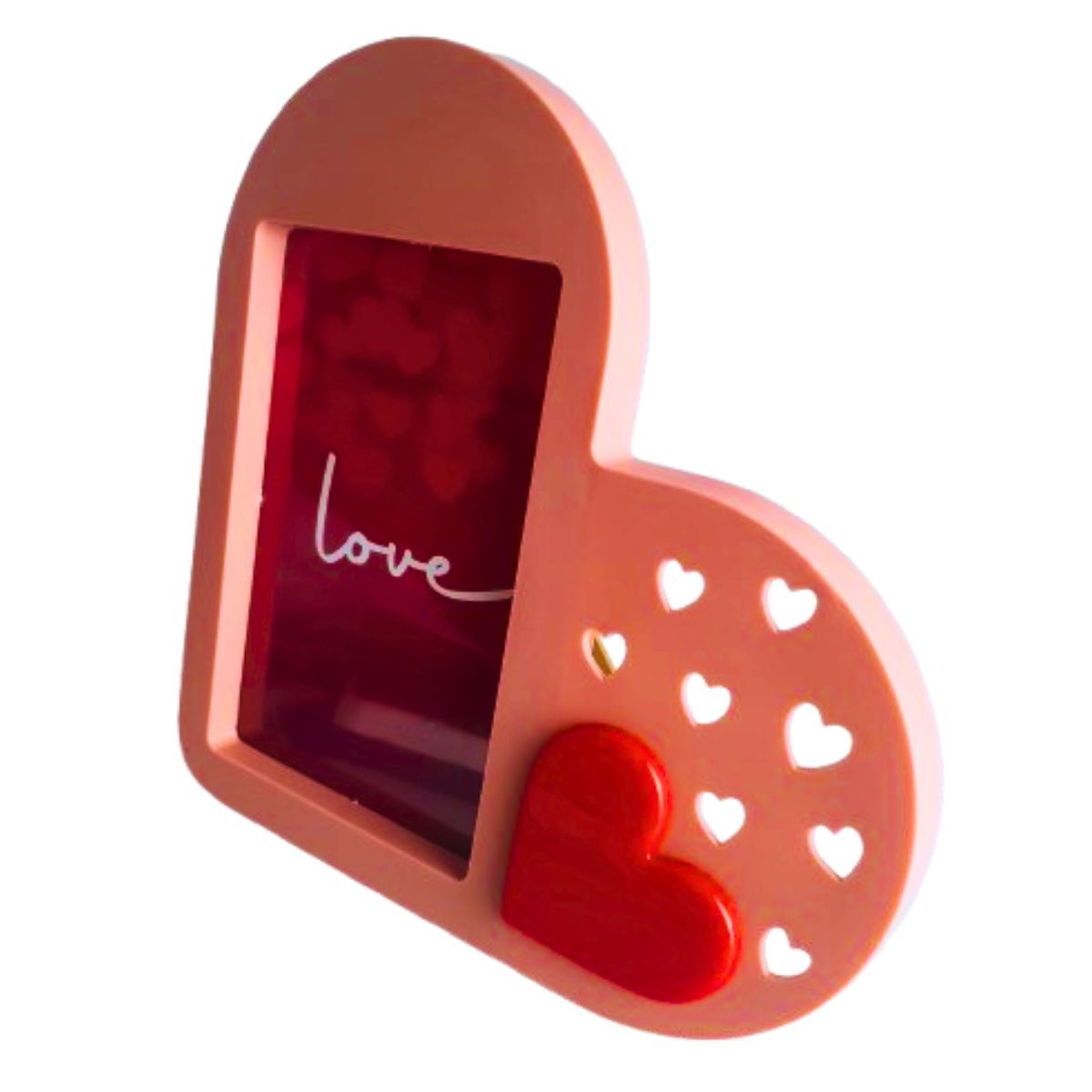Kit Porta Retrato Coração Rosa Amor Love + 4 Botões de Rosas Artificial C/Ursinho