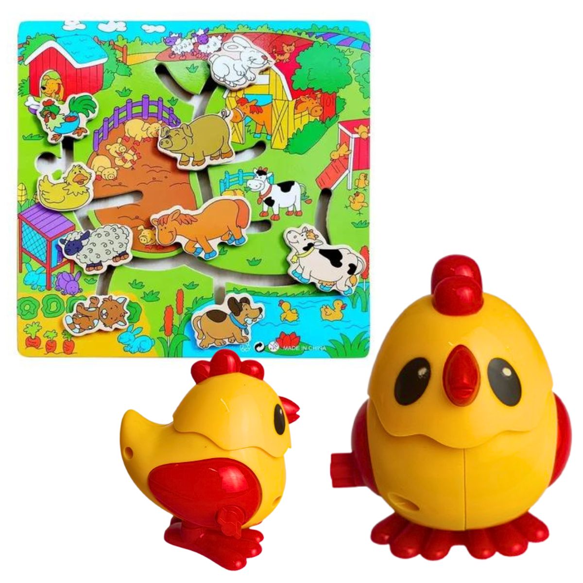 Kit Aprenda Brincando Animais Da Fazenda - DM Toys + Chicken Movida Á Corda - Ark Toys