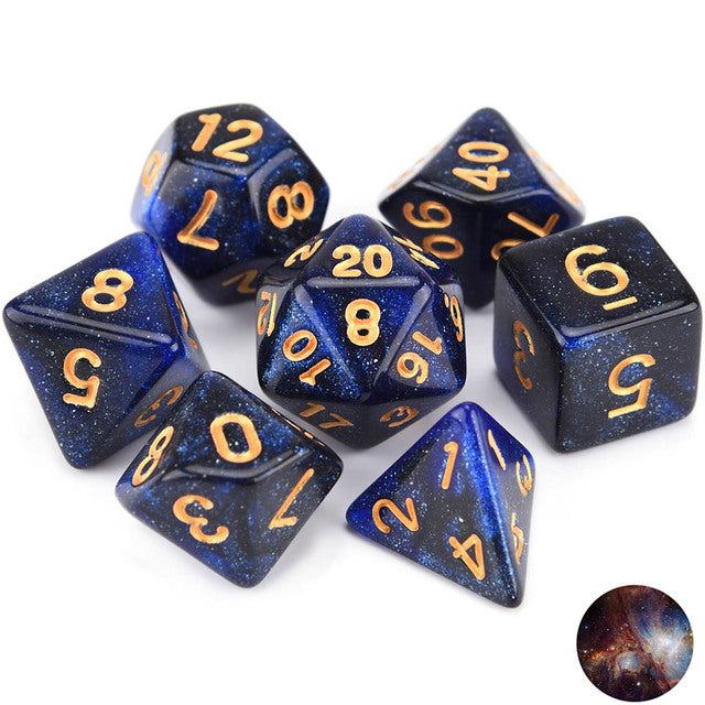 Conjunto de Dados para Rpg Nebula Glitter Azul com Preto com N° Dourado