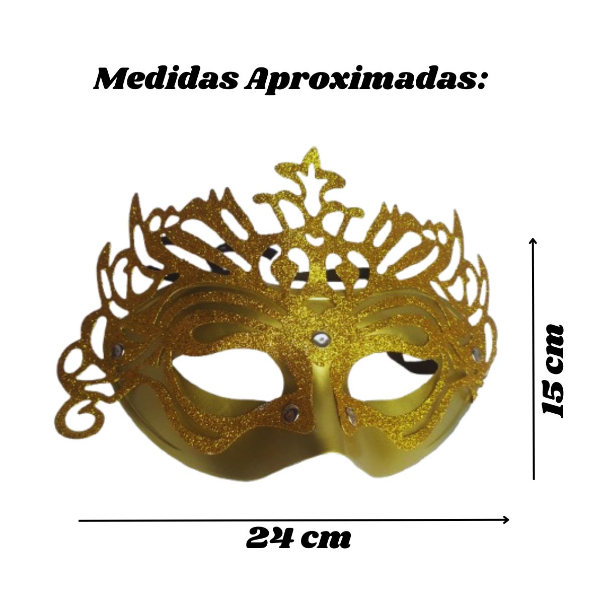 Kit Fantasia Máscara Com Glitter E Saia Metalizada Dourado