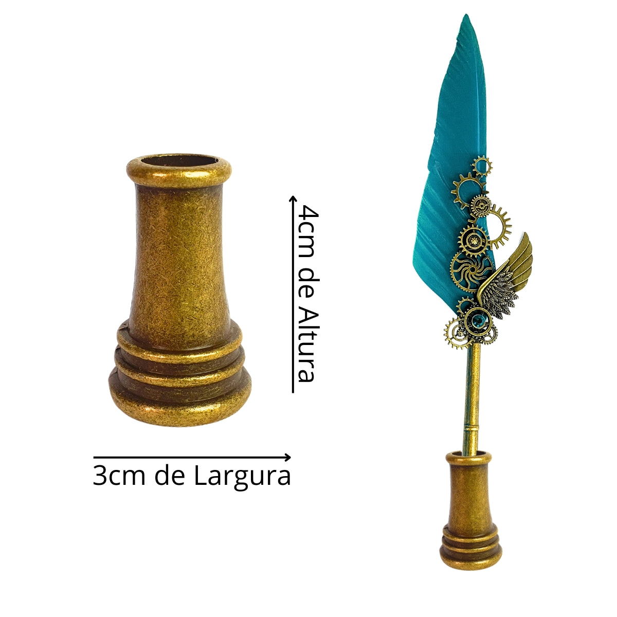 Kit Caneta Tinteiro de Pena Branca com Engrenagens e Carimbo
