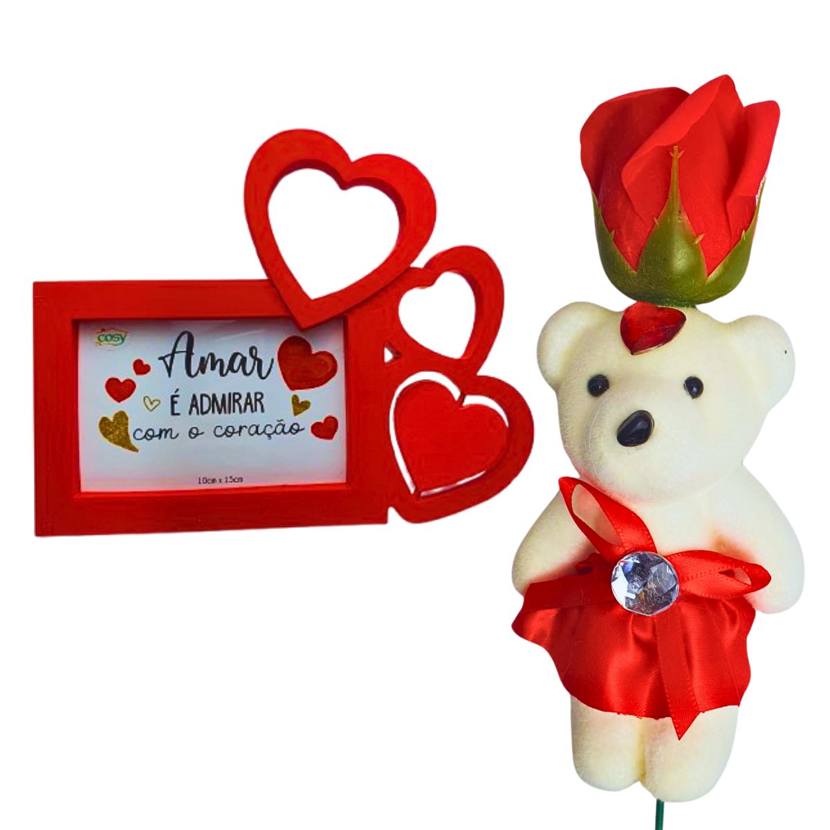 Kit Porta Retrato Coração Vermelho Amor Love + Botão Rosa Artificial C/Ursinho