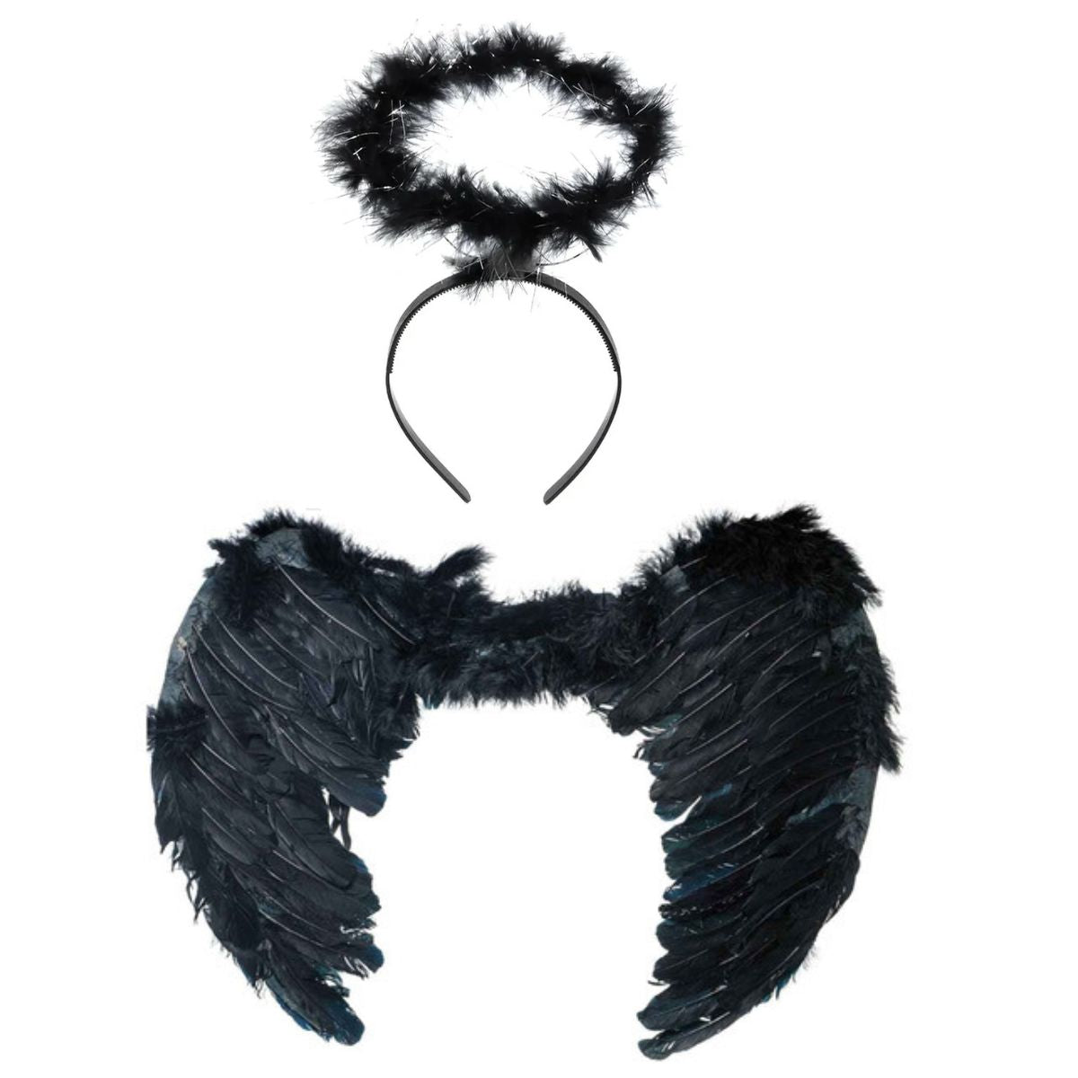 Kit Fantasia Anjo Preto Festa Cosplay Carnaval Halloween Tiara Auréola / Asa