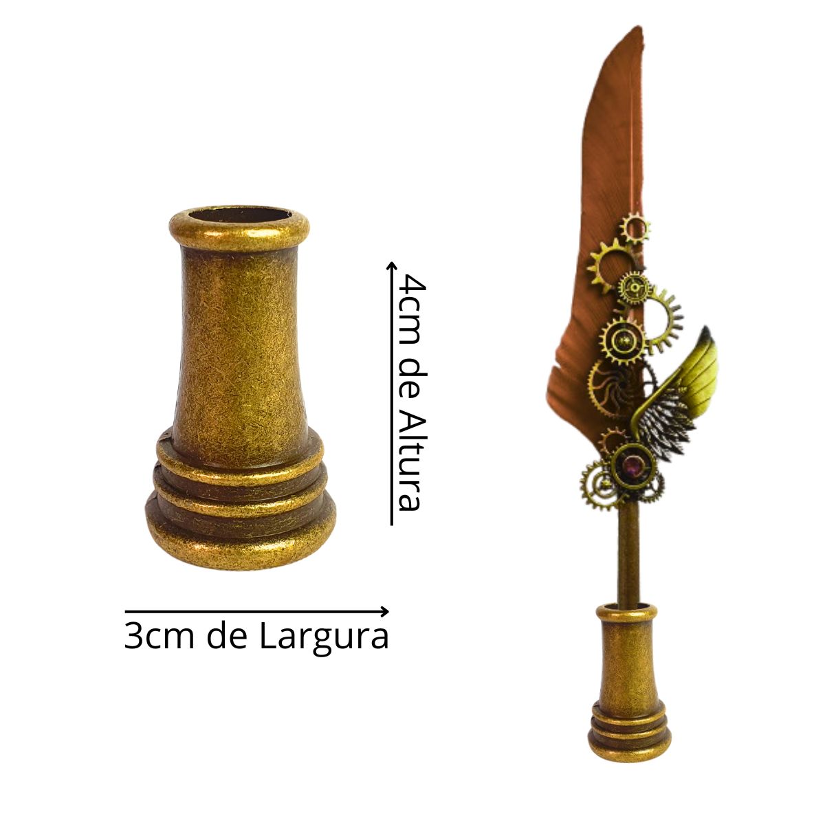 Kit Caneta Tinteiro Pena Engrenagem Marrom