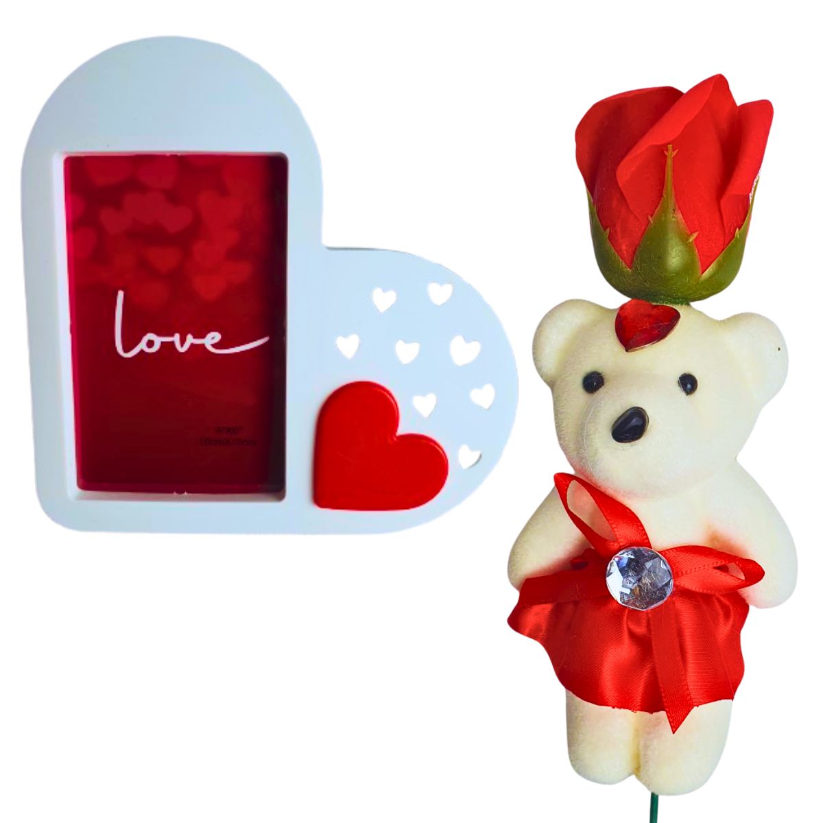 Kit Porta Retrato Coração Branco Amor Love + Botão Rosa Artificial C/Ursinho