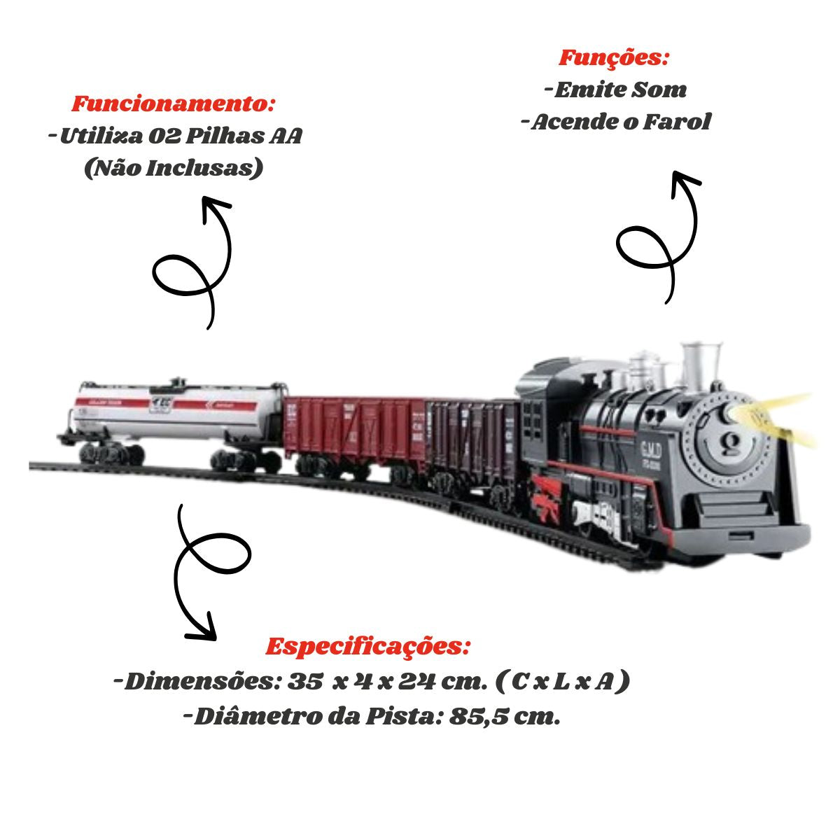 Brinquedo Pista Trem Locomotiva 85,5 Cm Som E Luz - Dm Toys