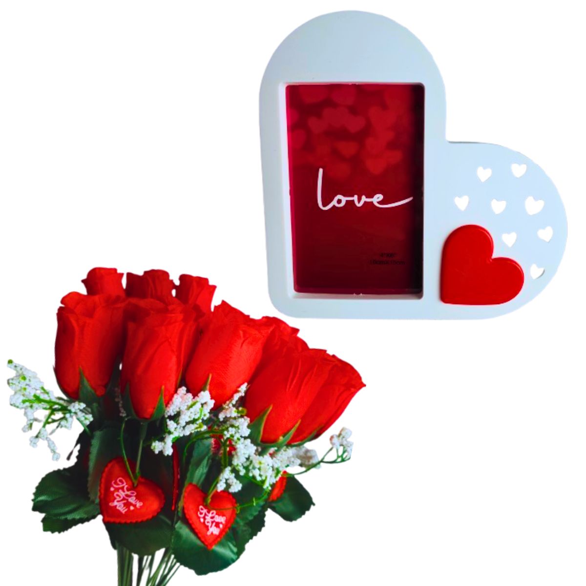 Kit Porta Retrato Coração Branco Amor Love + Buquê com 24 Botões de Rosas Artificial C/ Tag