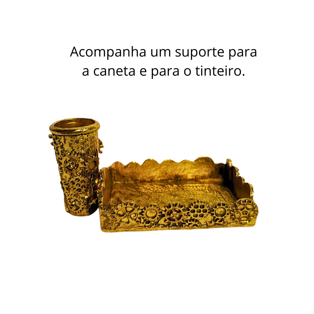 Kit Caneta Tinteiro Pena Dourado Com Tinta E Suporte - M5