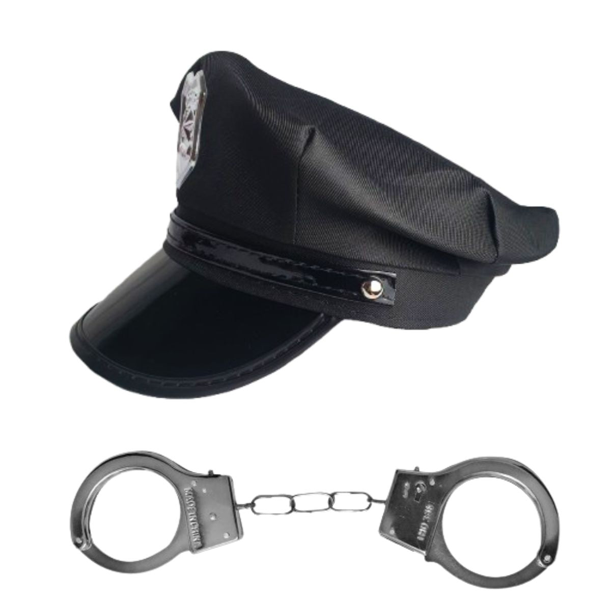 Kit Fantasia Policial Preto Completo Festa Carnaval Cosplay Quepe / Algema / Distintivo