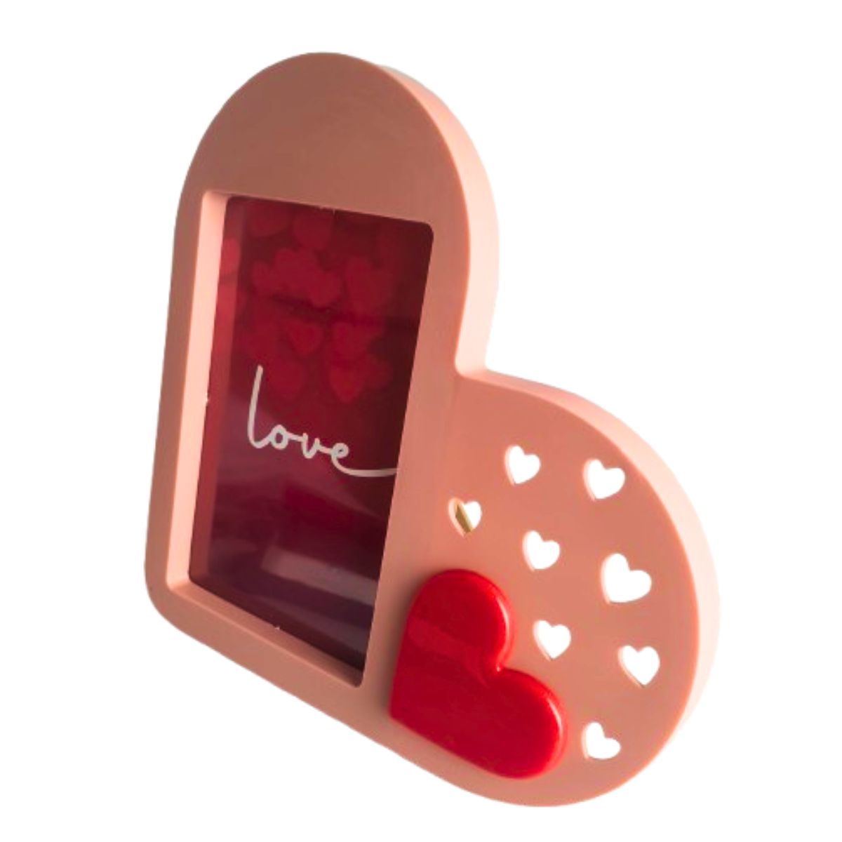 Kit Porta Retrato Coração Rosa Amor Love + 5 Botões de Rosas Artificiais Embalado Celofane C/ Tag