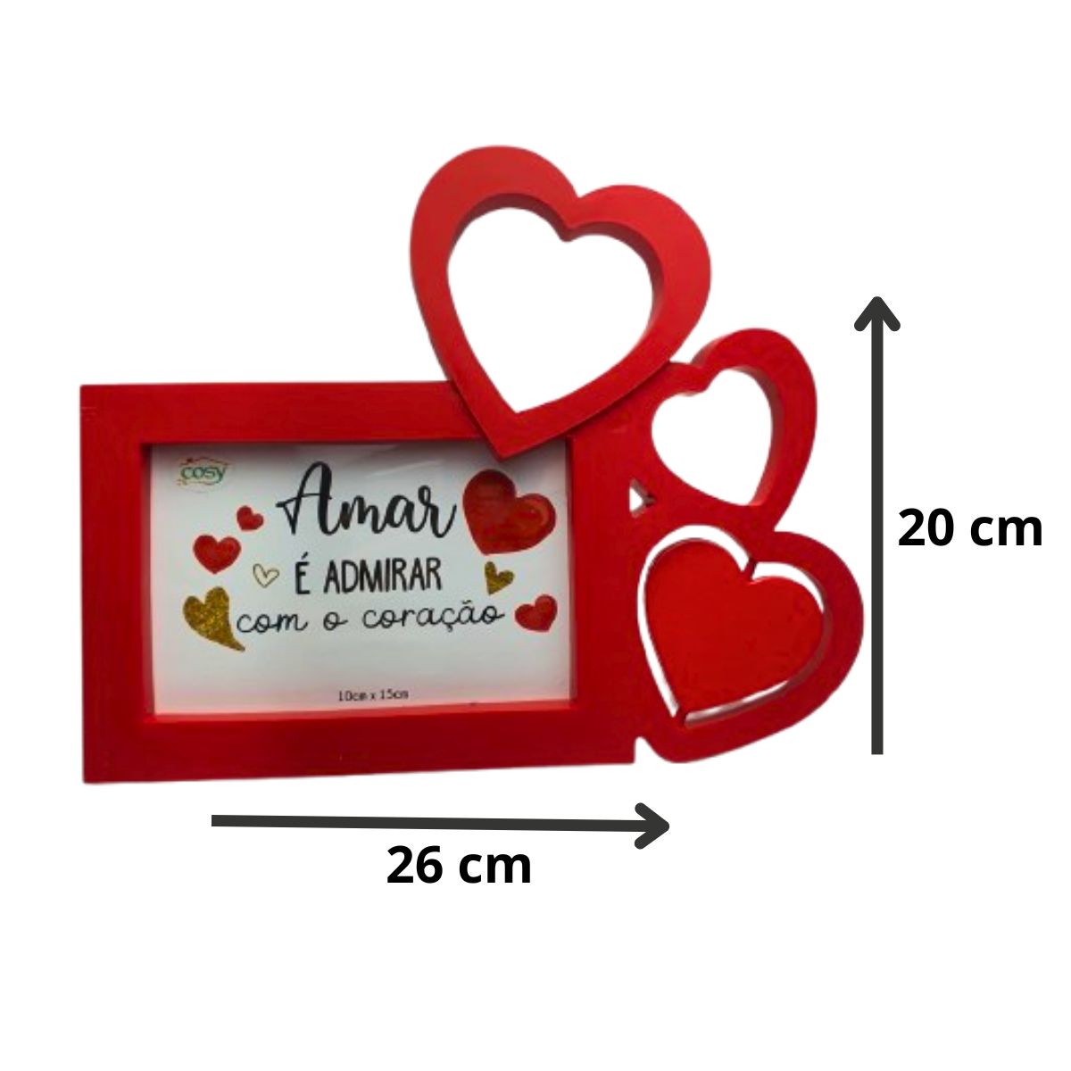 Kit Porta Retrato Coração Vermelho Amor Love + Buquê com 24 Botões de Rosas Artificial C/ Tag