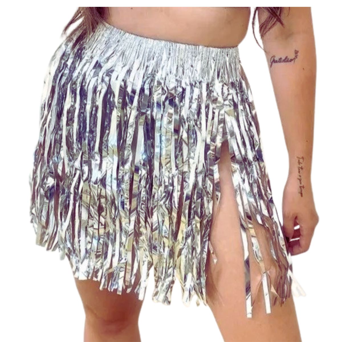 Saia Fitilho Franja Metalizada Fantasia Carnaval Prateado