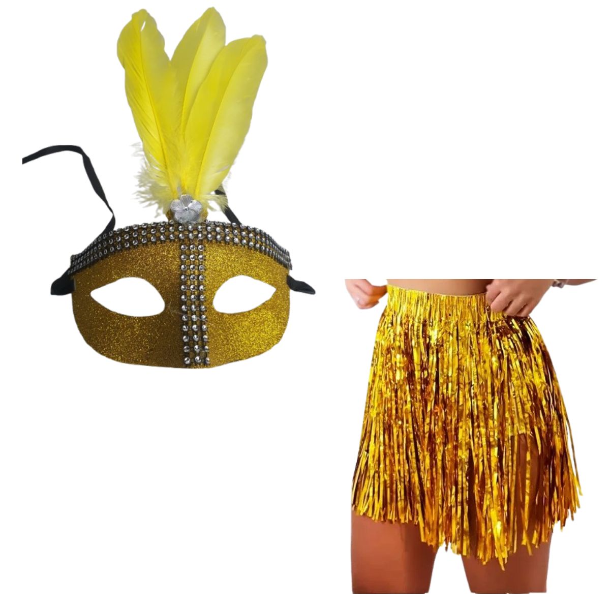 Kit Fantasia Máscara Pena Glitter E Saia Metalizada Dourado