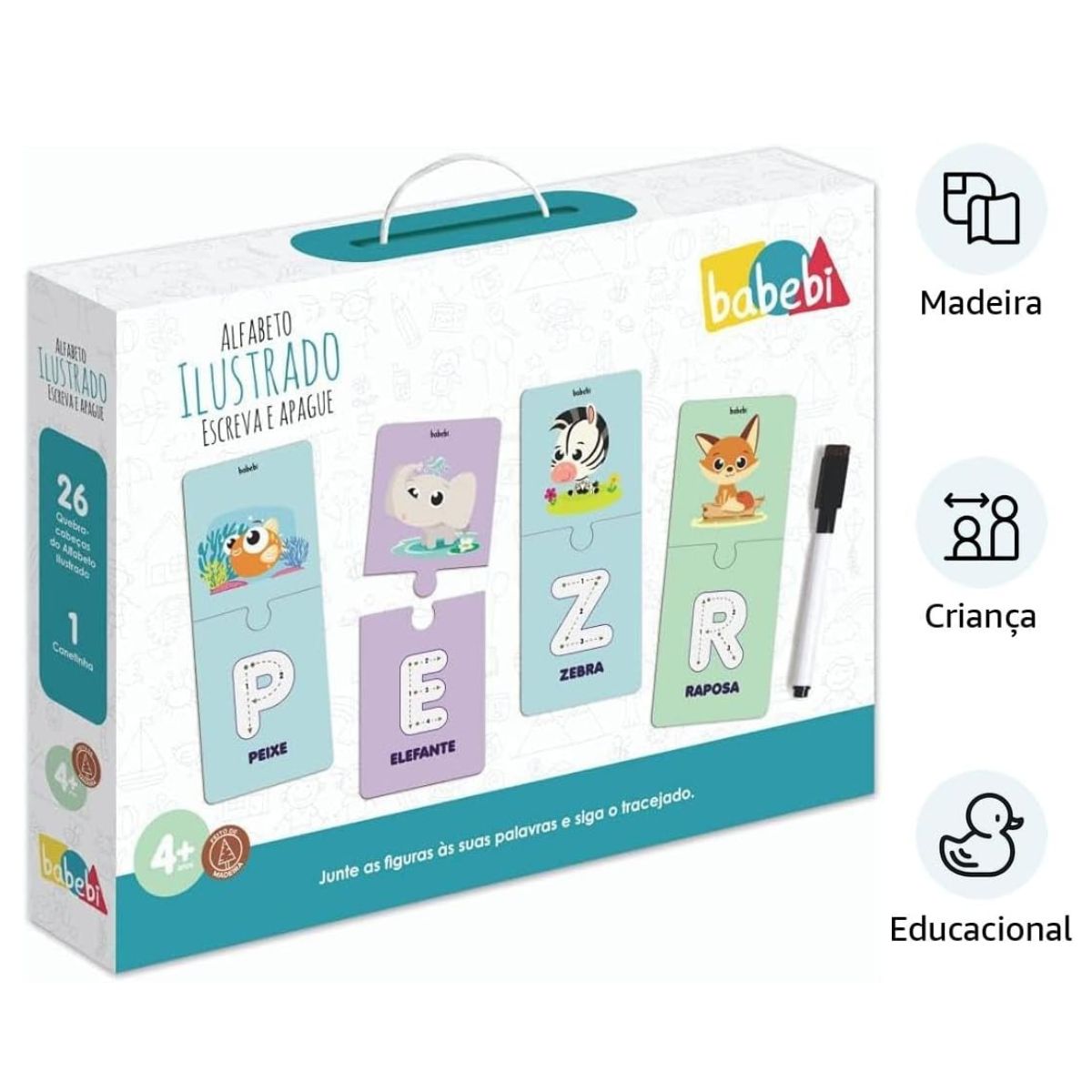 Quebra-cabeça Educativo Didático Alfabeto Ilustrado / Escreva E Apague - Babebi