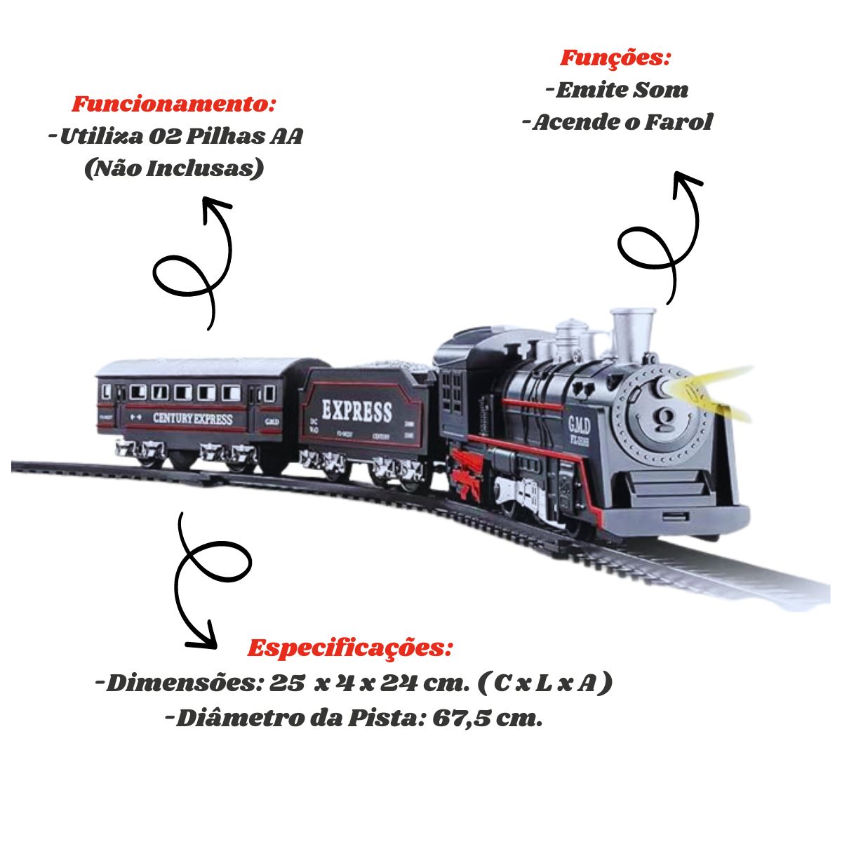 Brinquedo Pista Trem Locomotiva Com Som E Luz - Dm Toys