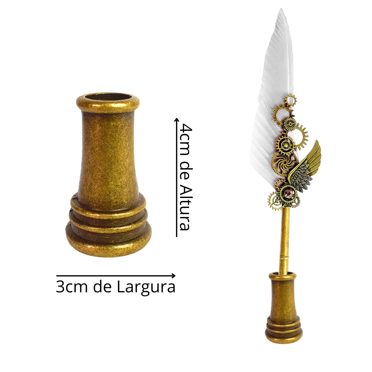 Kit Caneta Tinteiro de Pena Branca com Engrenagens e Carimbo