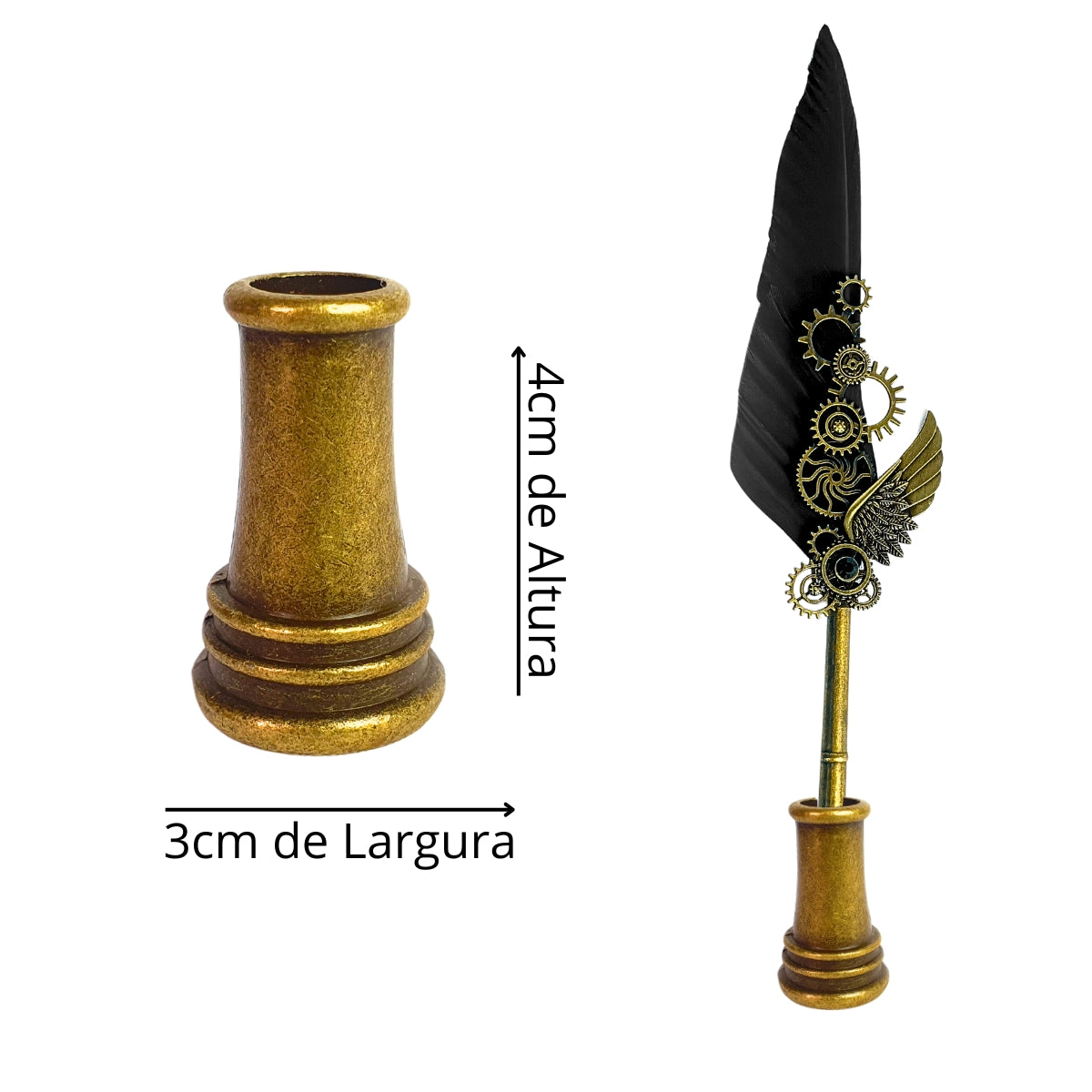 Kit Caneta Tinteiro de Pena Preta com Engrenagens e Carimbo