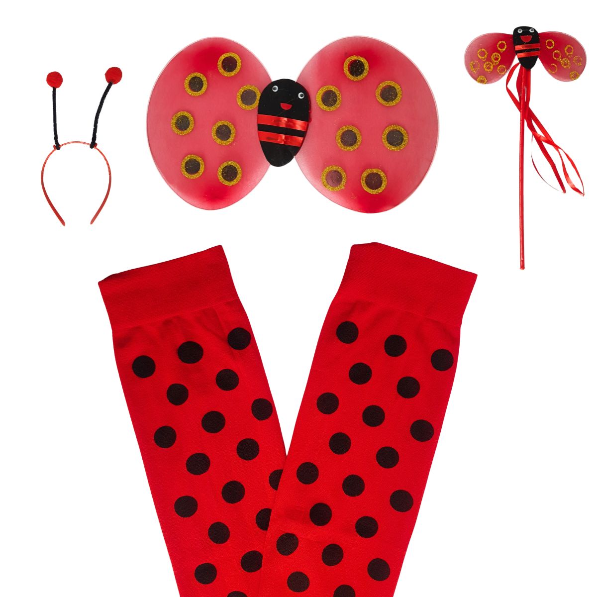 Kit Fantasia Joaninha Festa Carnaval Cosplay Asa, Tiara, Varinha + Meia Calça 5/8