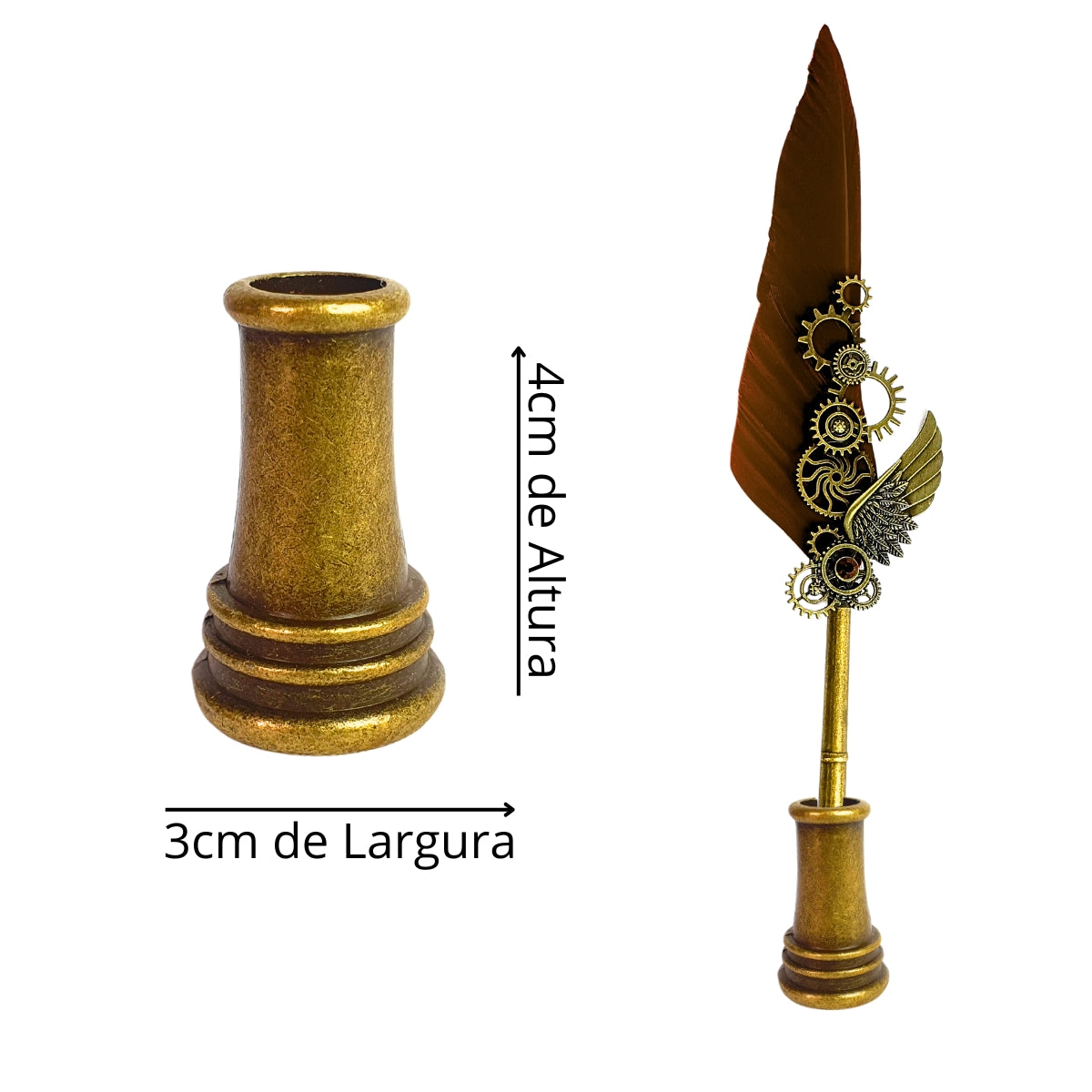 Kit Caneta Tinteiro de Pena Marrom com Engrenagens e Carimbo