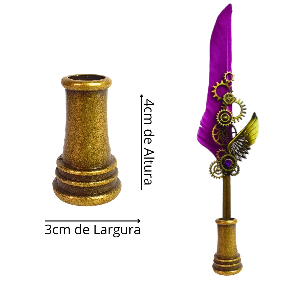 Kit Caneta Tinteiro Pena Engrenagem Lilás Com Carimbo