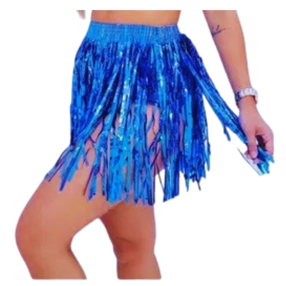 Saia Fitilho Franja Metalizada Fantasia Carnaval Azul