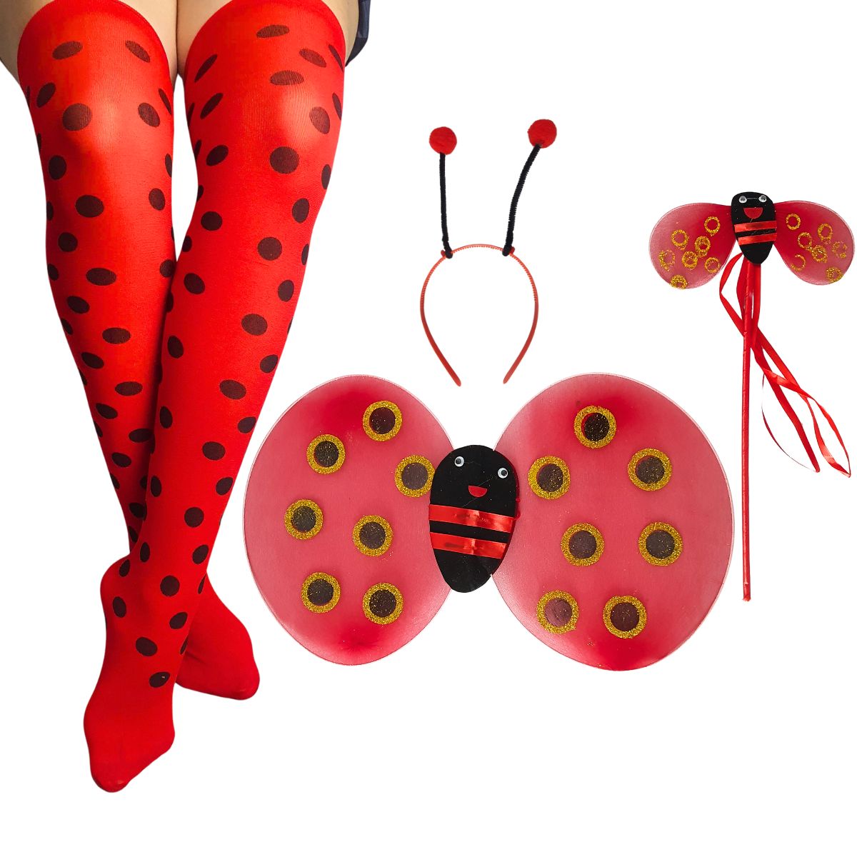 Kit Fantasia Joaninha Festa Carnaval Cosplay Asa, Tiara, Varinha + Meia Calça 5/8