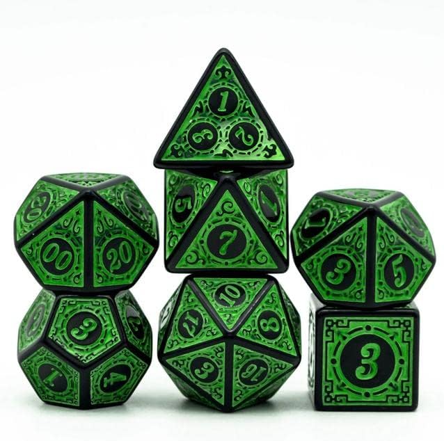 Dados Rpg Conjunto Com Sete - Runas Preta C/n° Verde