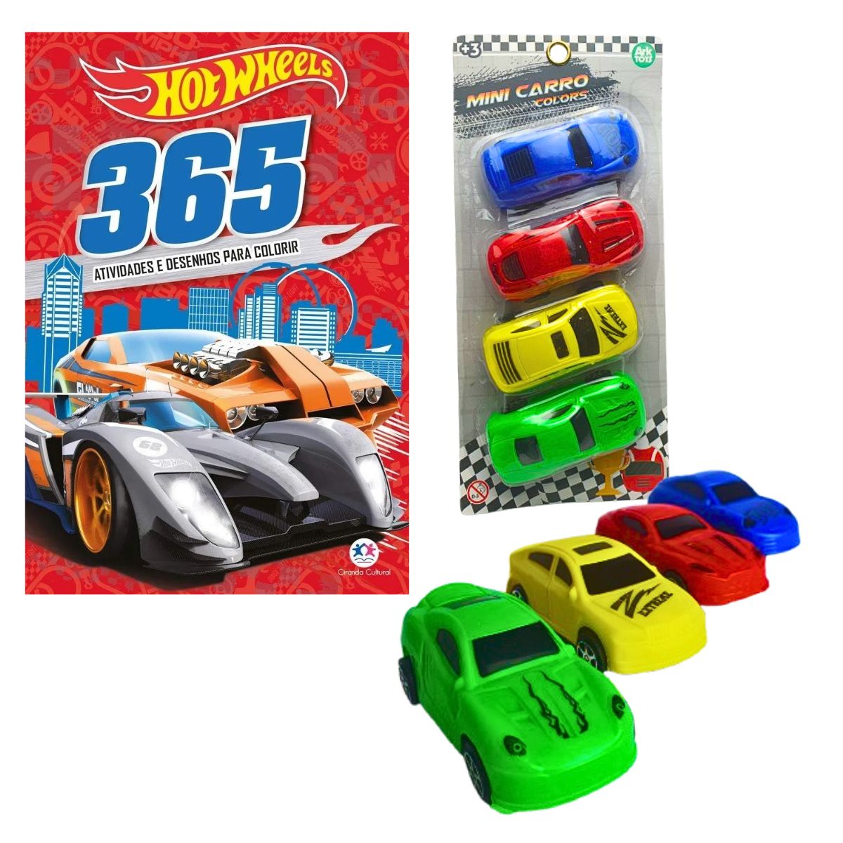 Kit Livro Hot Wheels - 365 Atividades E Desenhos Para Colorir + Kit Mini Carro Colors