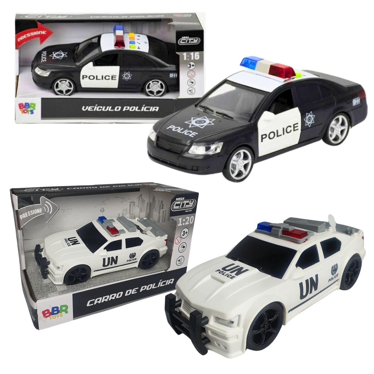 Kit 2 Carros De Polícia Com Som E Luz Mega City - Bbr Toys