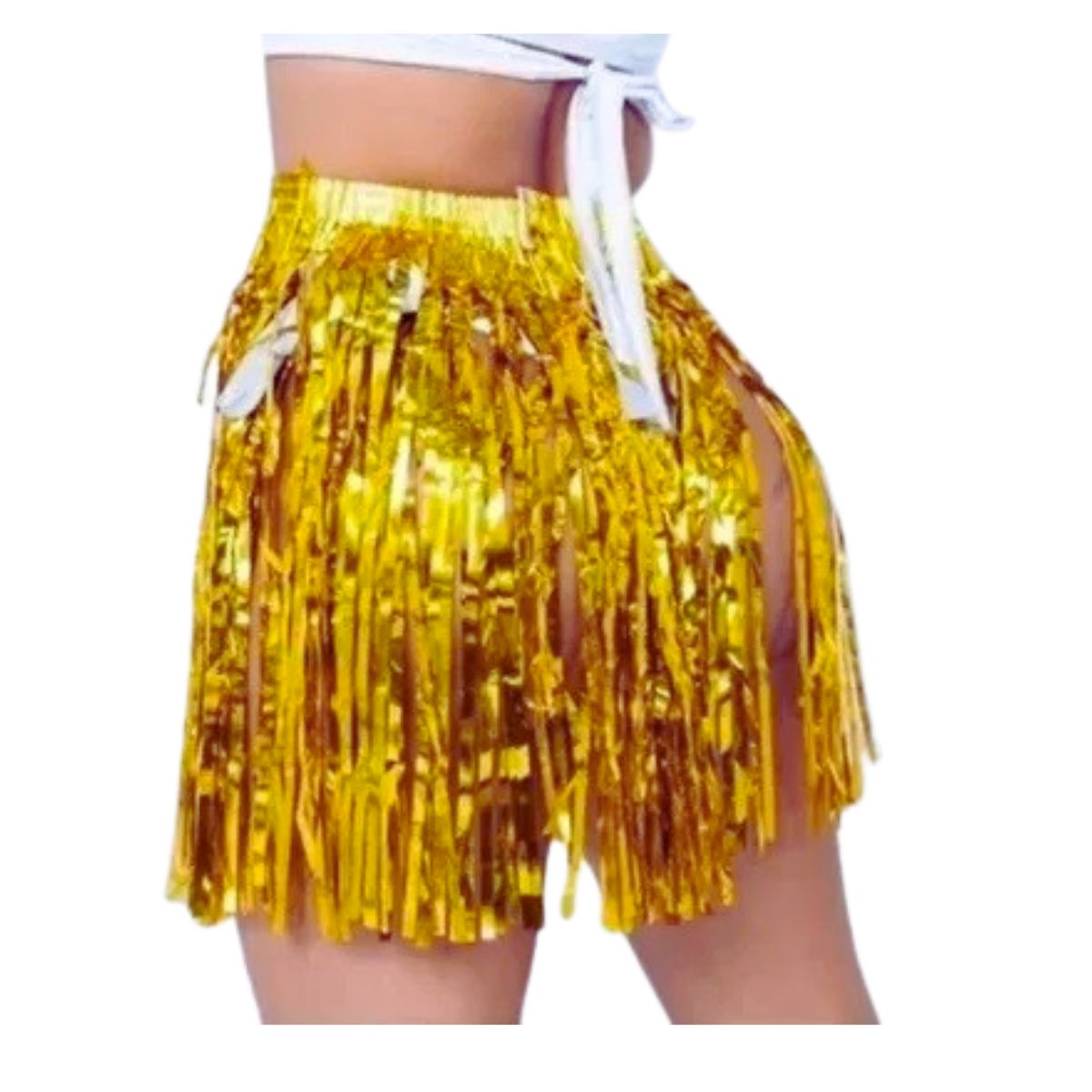 Kit Fantasia Máscara Pena Glitter E Saia Metalizada Dourado