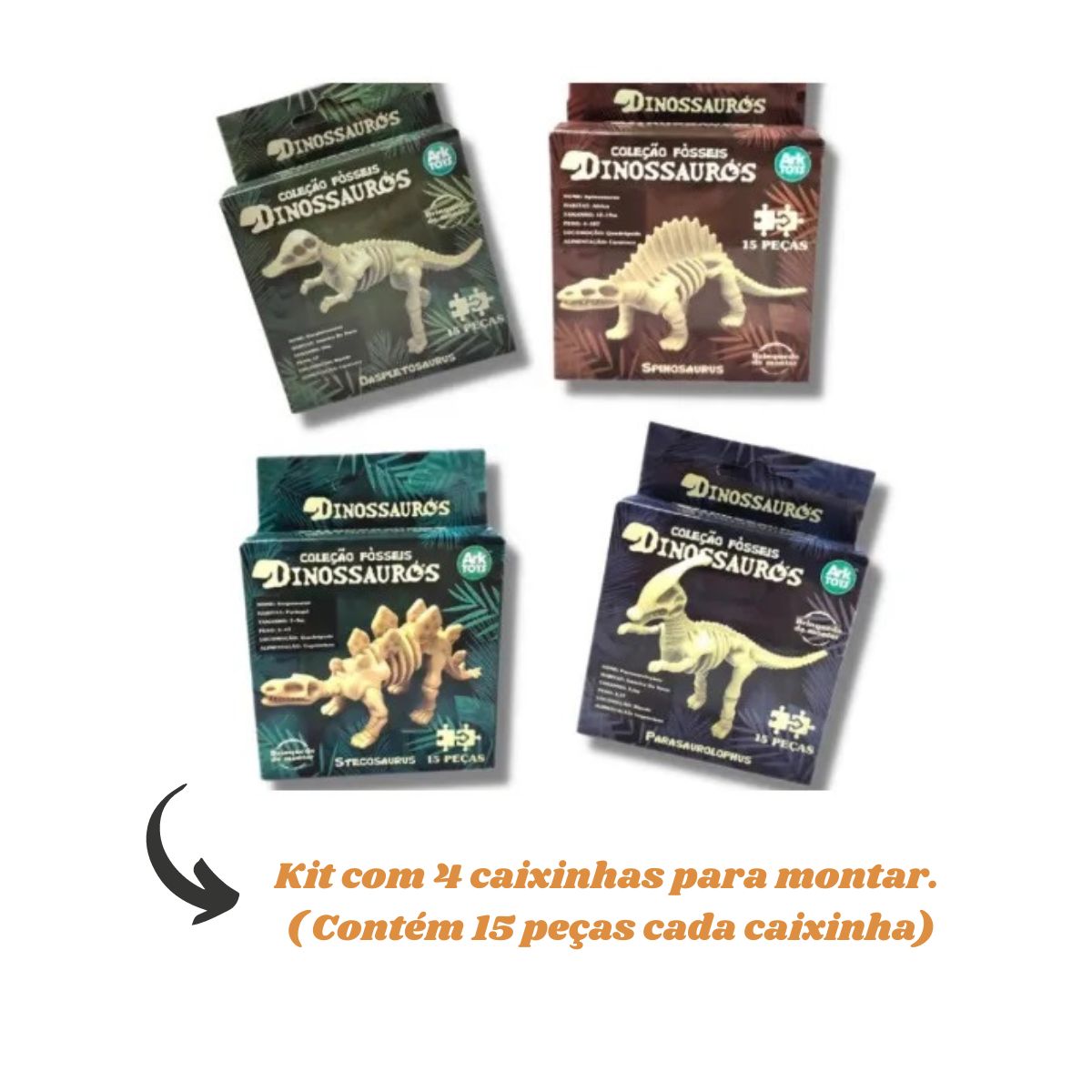 Brinquedo Kit 4 Dinossauros Fósseis Esqueleto Montar Mini