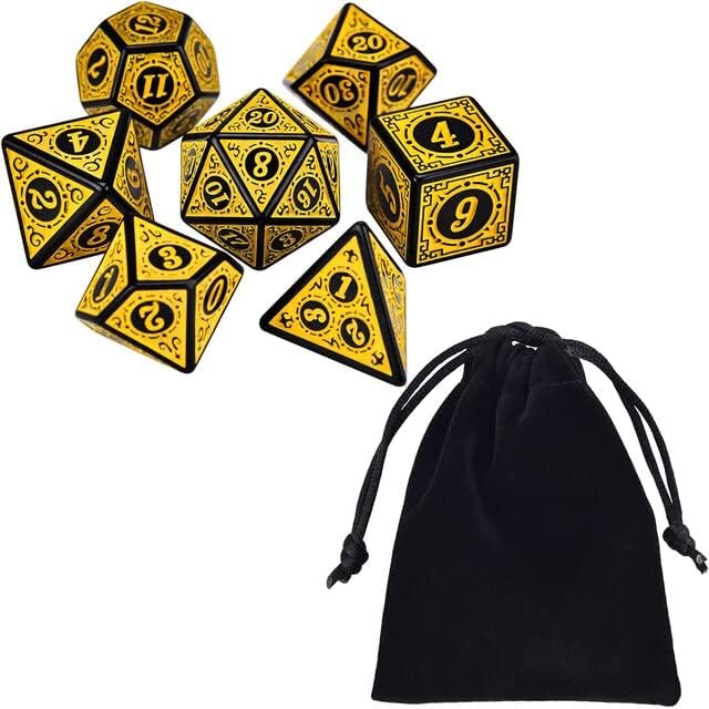 Dados Rpg Conjunto Com Sete - Runas Preta C/n° Amarelo