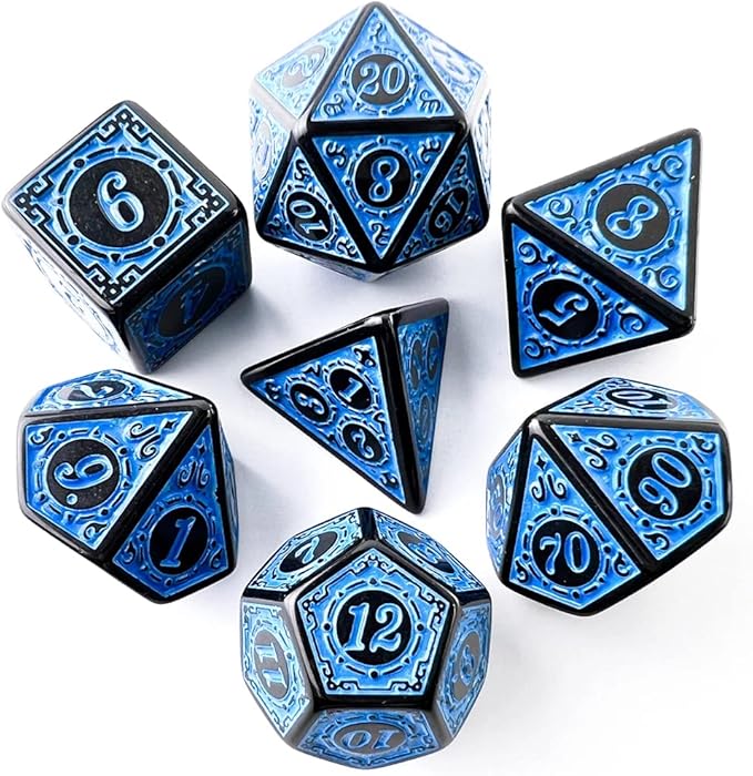 Dados Rpg Conjunto Com Sete - Runas Preta C/n° Azul