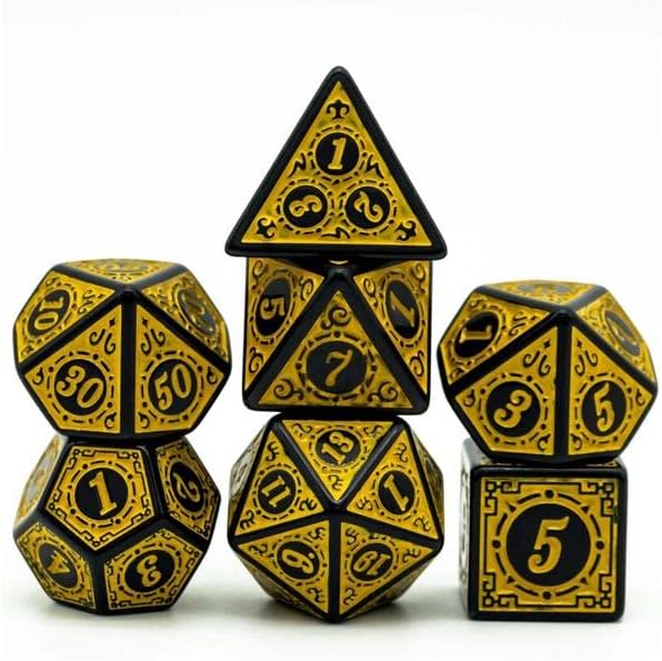 Dados Rpg Conjunto Com Sete - Runas Preta C/n° Amarelo