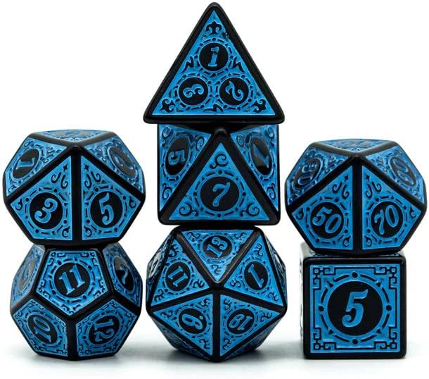 Dados Rpg Conjunto Com Sete - Runas Preta C/n° Azul