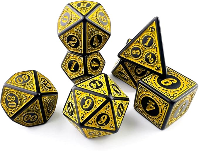 Dados Rpg Conjunto Com Sete - Runas Preta C/n° Amarelo