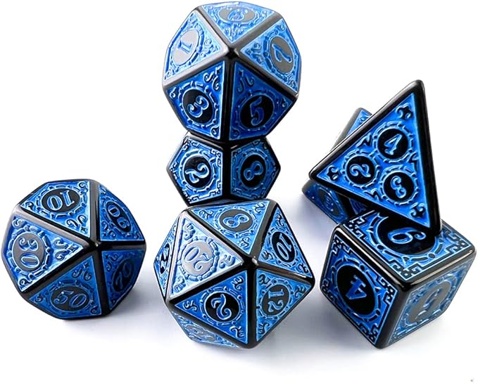 Dados Rpg Conjunto Com Sete - Runas Preta C/n° Azul