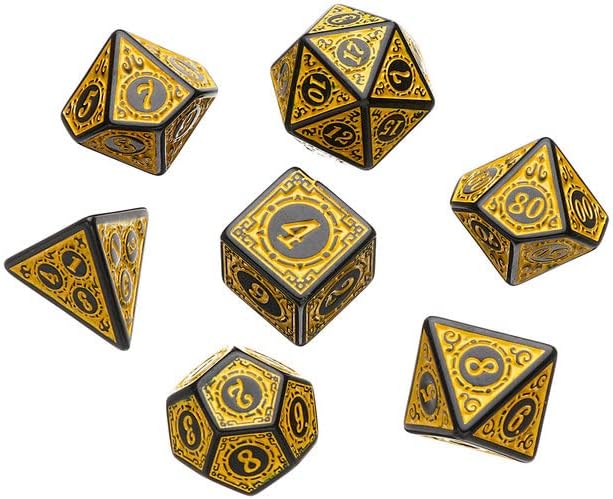 Dados Rpg Conjunto Com Sete - Runas Preta C/n° Amarelo