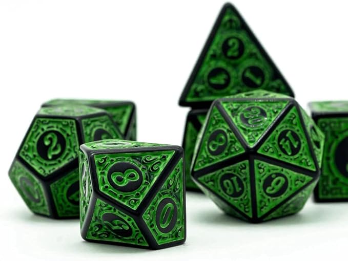 Dados Rpg Conjunto Com Sete - Runas Preta C/n° Verde