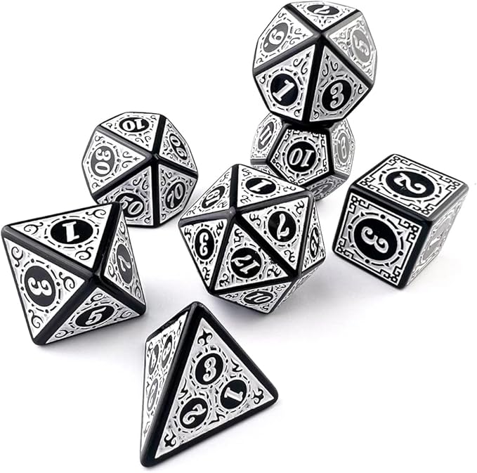 Dados Rpg Conjunto Com Sete - Runas Preta C/n° Branco