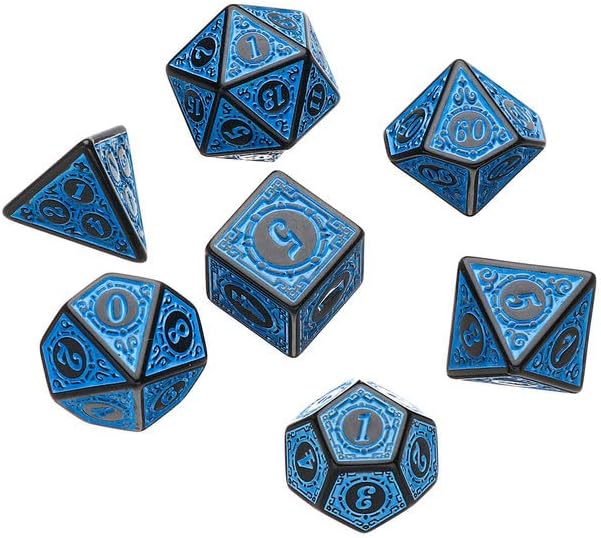 Dados Rpg Conjunto Com Sete - Runas Preta C/n° Azul