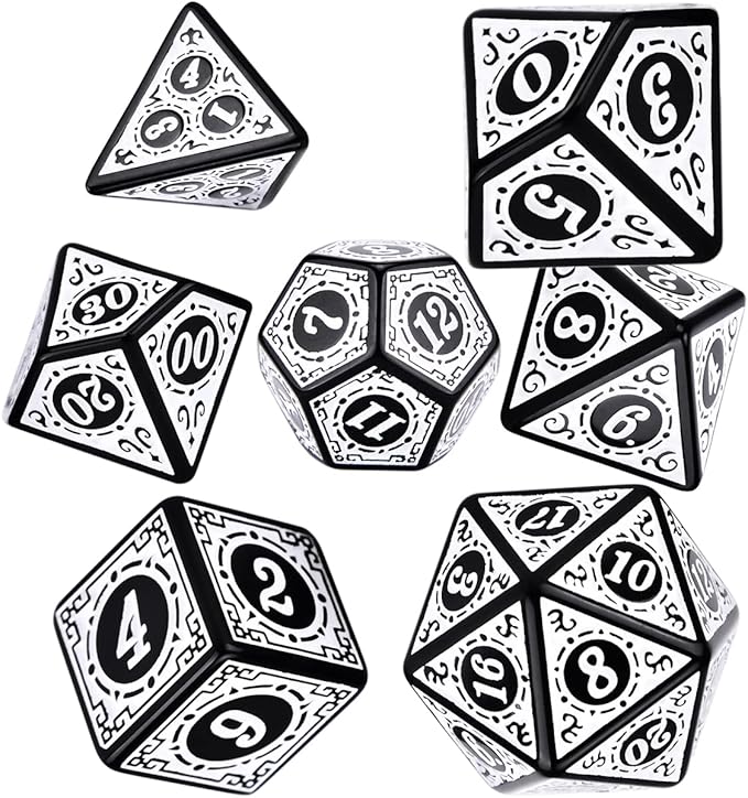 Dados Rpg Conjunto Com Sete - Runas Preta C/n° Branco