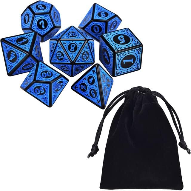 Dados Rpg Conjunto Com Sete - Runas Preta C/n° Azul