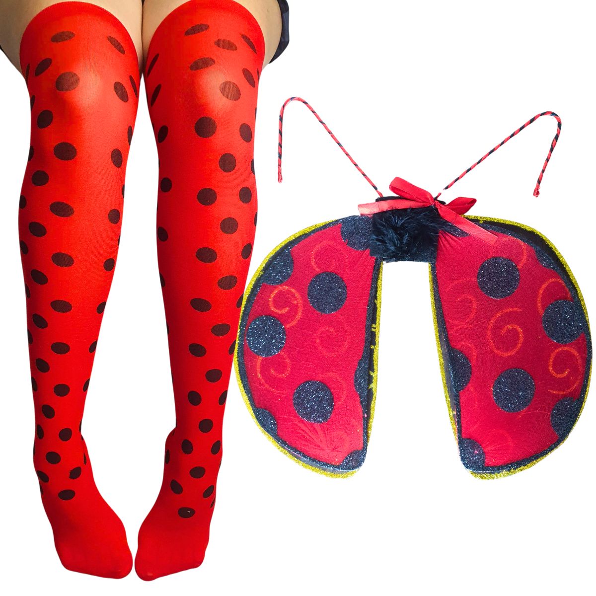 Kit Fantasia Joaninha Luxo Festa Carnaval Cosplay Asa + Meia Calça 5/8