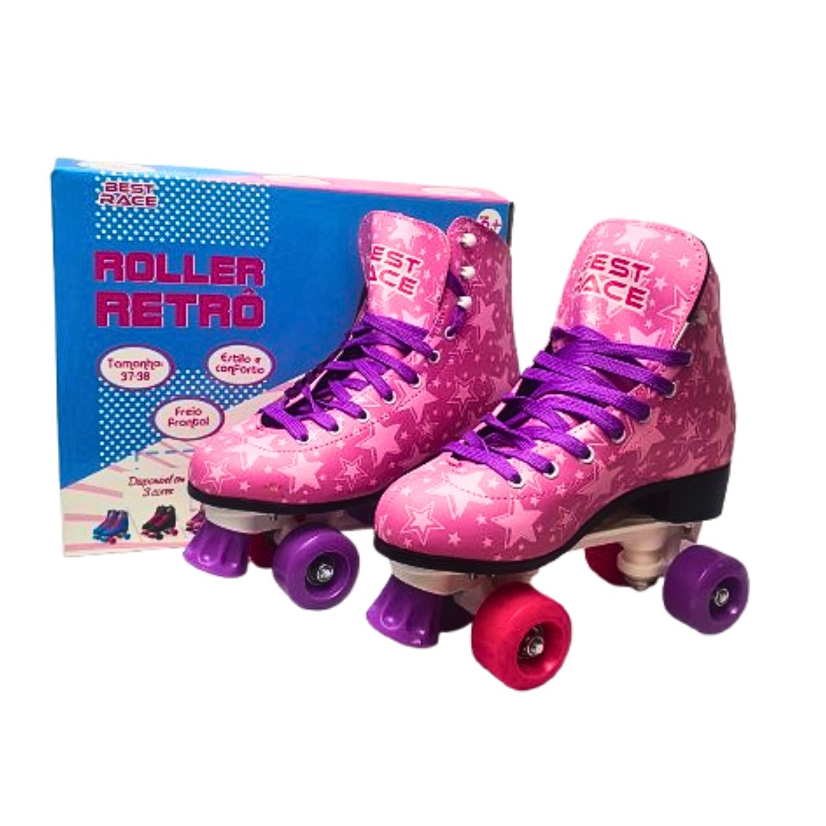 Patins Roller Retrô Clássico Rosa 4 Rodas - Bbr Toys