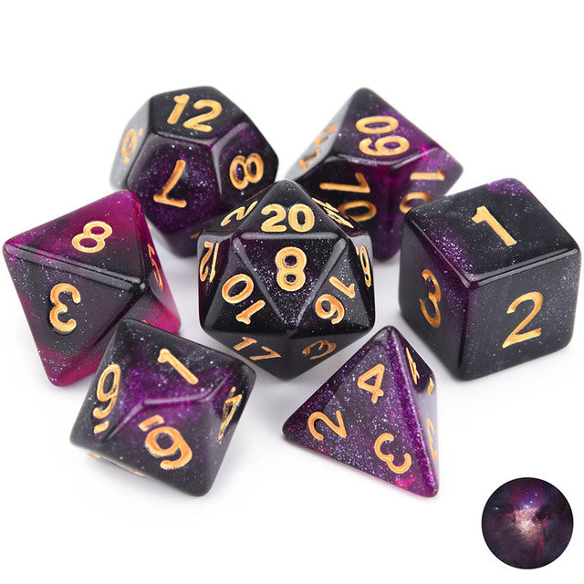 Conjunto de Dados para Rpg Nebula Glitter Roxo com Preto com N° Dourado