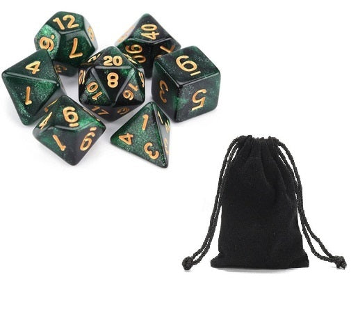 Conjunto de Dados para Rpg Nebula Glitter Verde com Preto com N° Dourado