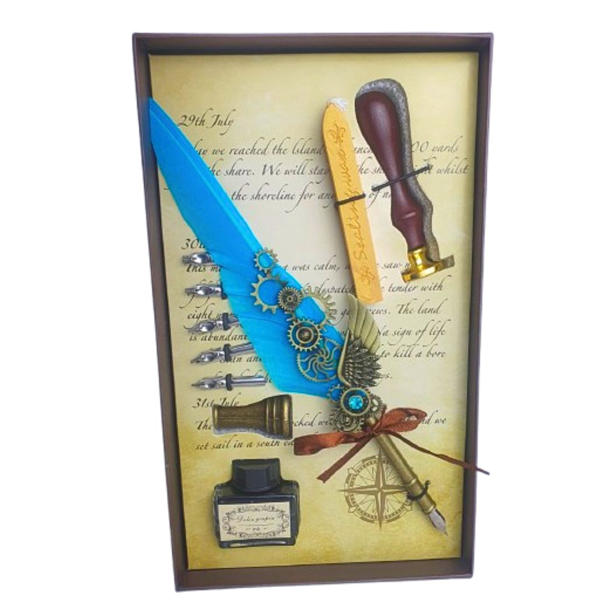 Kit Caneta Tinteiro Pena Engrenagem Azul Claro Com Carimbo