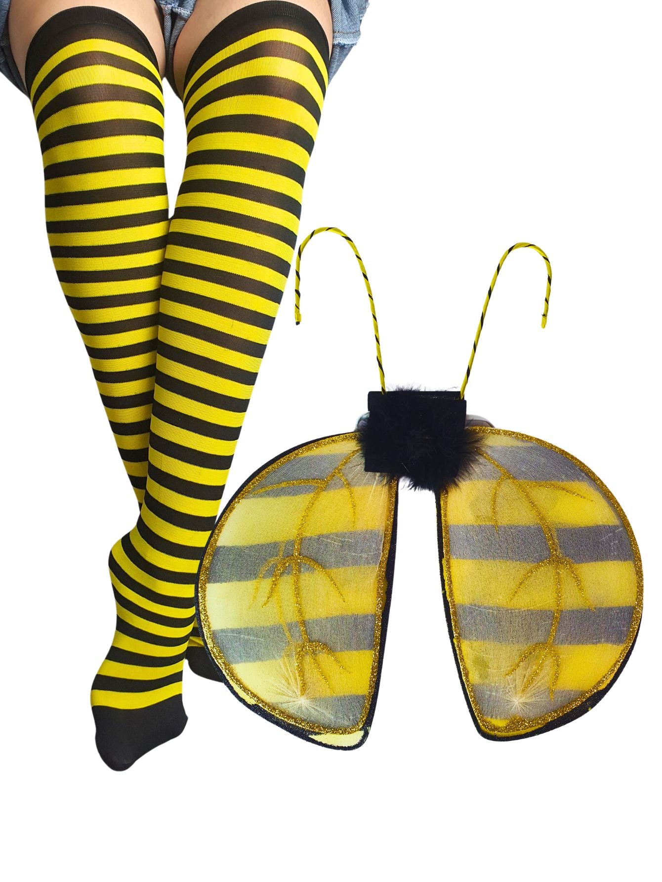 Kit Fantasia Abelhinha Luxo Festa Carnaval Cosplay Asa + Meia Calça 5/8