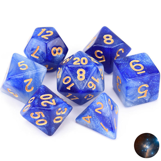 Conjunto de Dados para Rpg Nebula Glitter Azul com Branco com N° Dourado